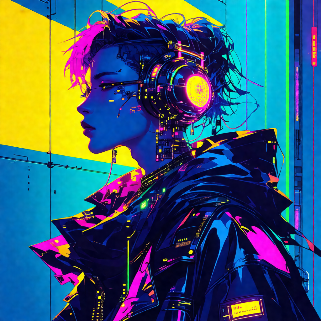 Colorful and futuristic portrait of a woman wearing a bla...