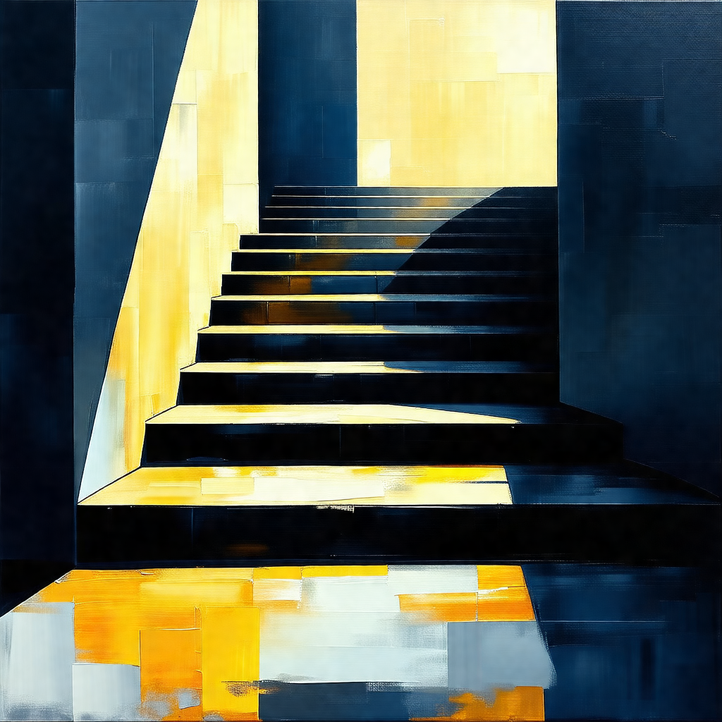 Staircase with a yellow light shining on the steps