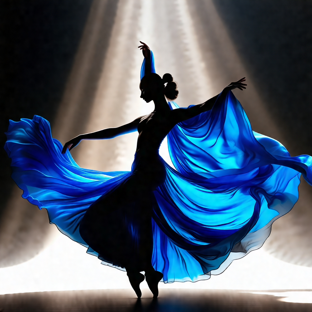 Woman in a blue dress, dancing on a stage