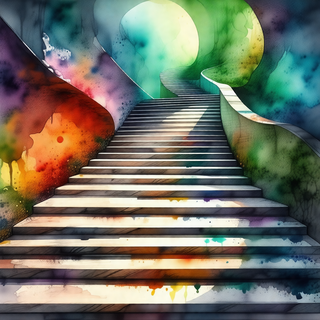 Colorful painting of a staircase, featuring a rainbow of ...