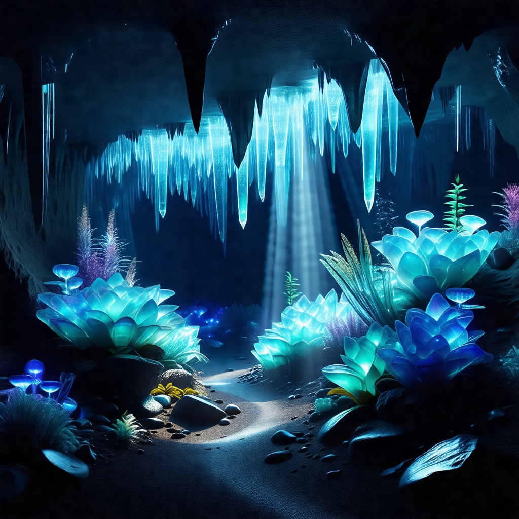 Black and white drawing of a cave with a blue glow
