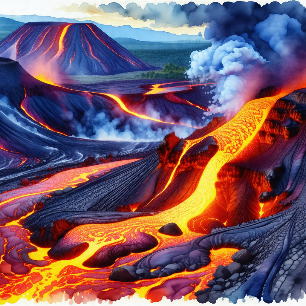 Colorful painting of a volcano with a river of lava flowi...