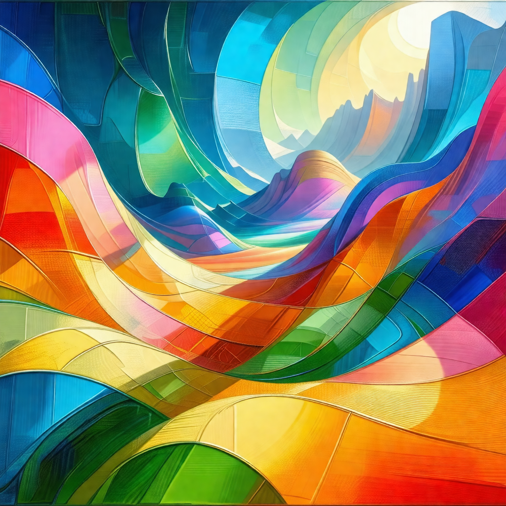 Colorful painting of a mountainous landscape