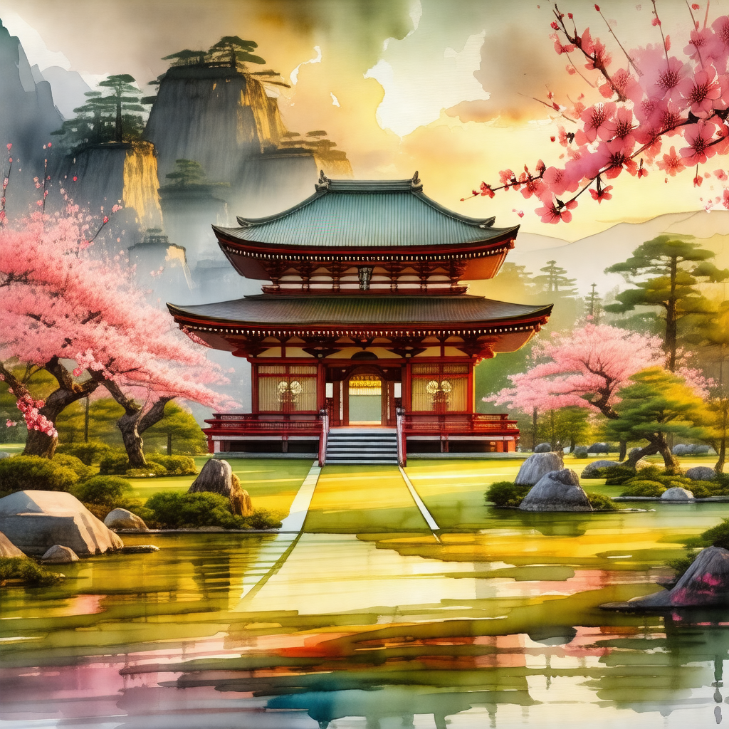Painting of a beautiful asian garden with a pagoda-style ...