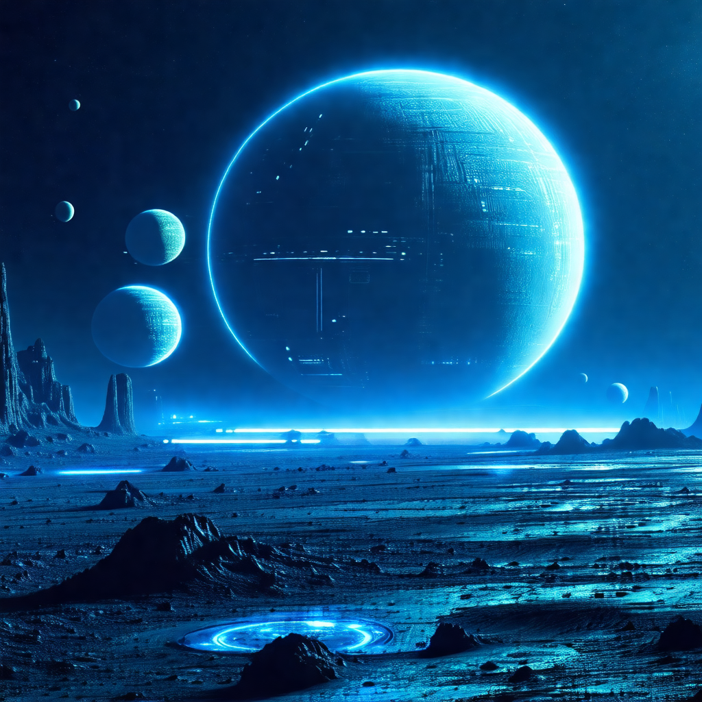 Futuristic scene with a large space station floating in t...
