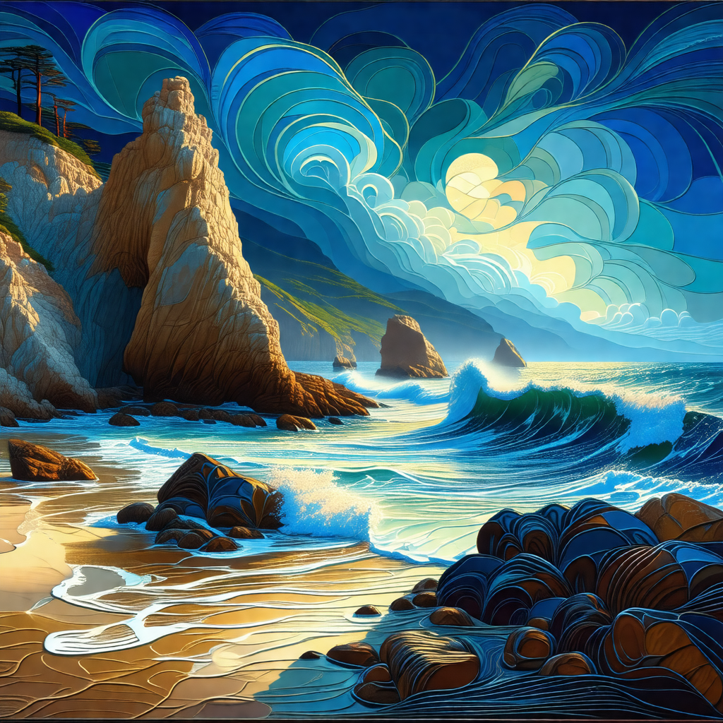 Painting of a beautiful beach scene with a large rock for...
