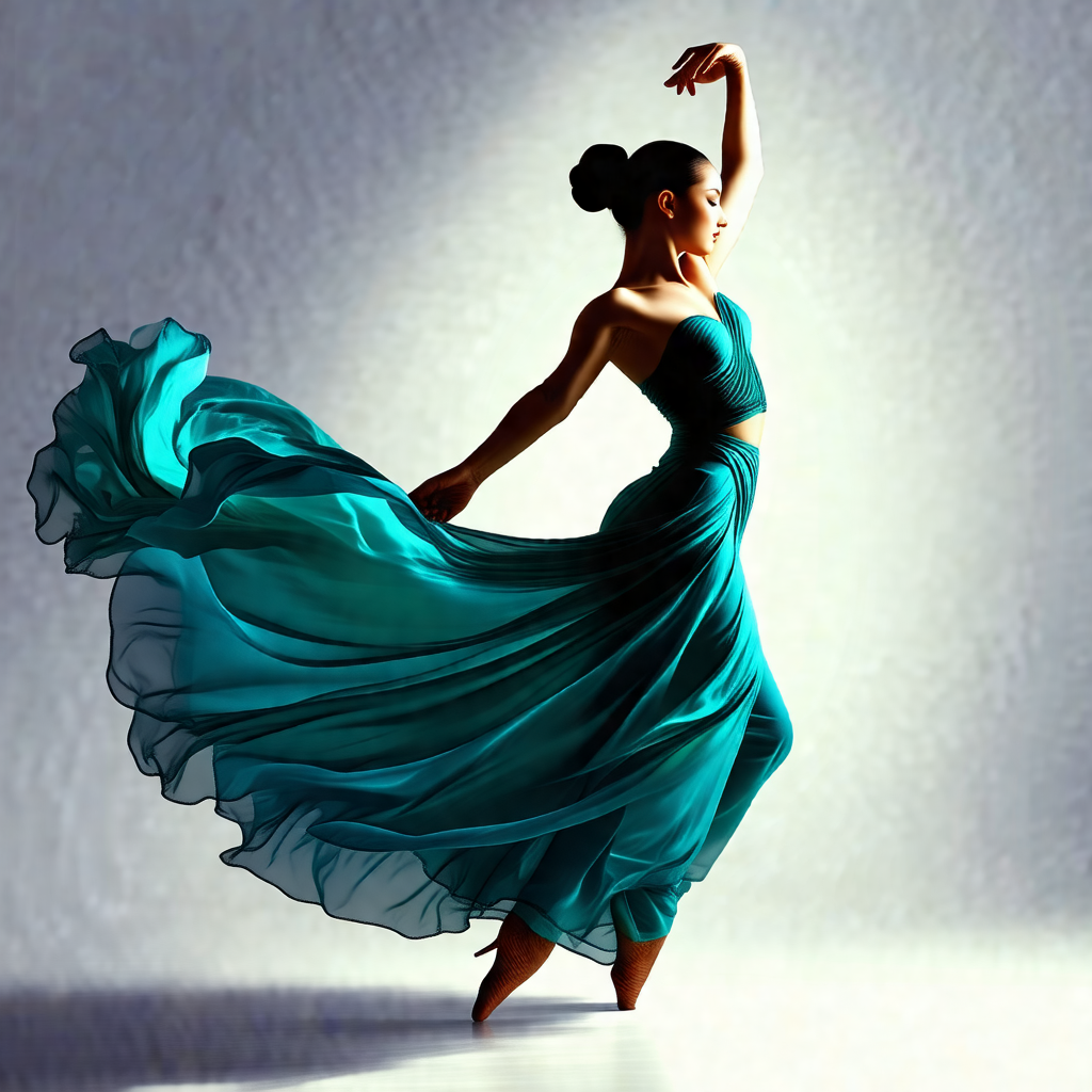 Woman in a blue dress, dancing gracefully on a stage