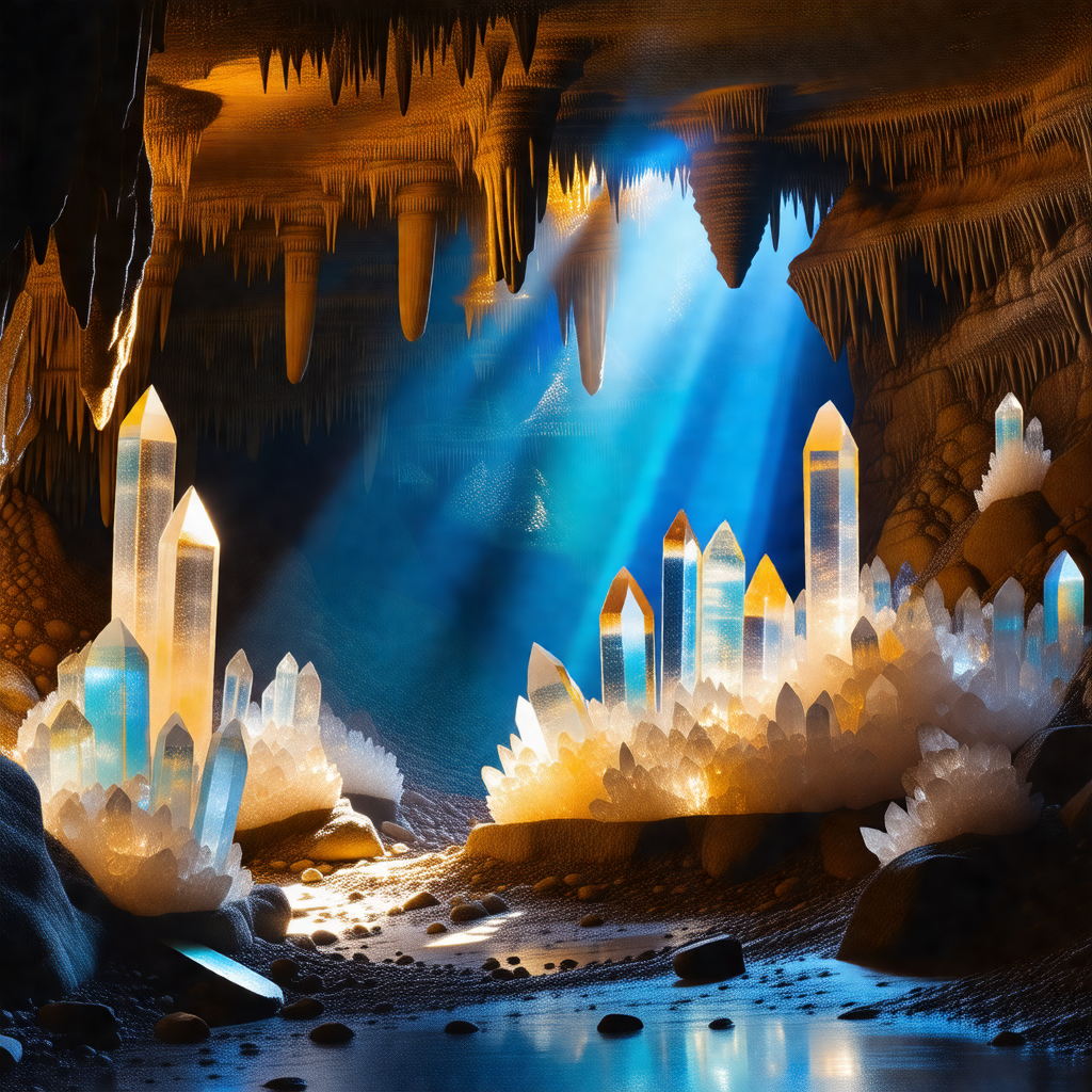 Cave with a large number of crystals and stalactites