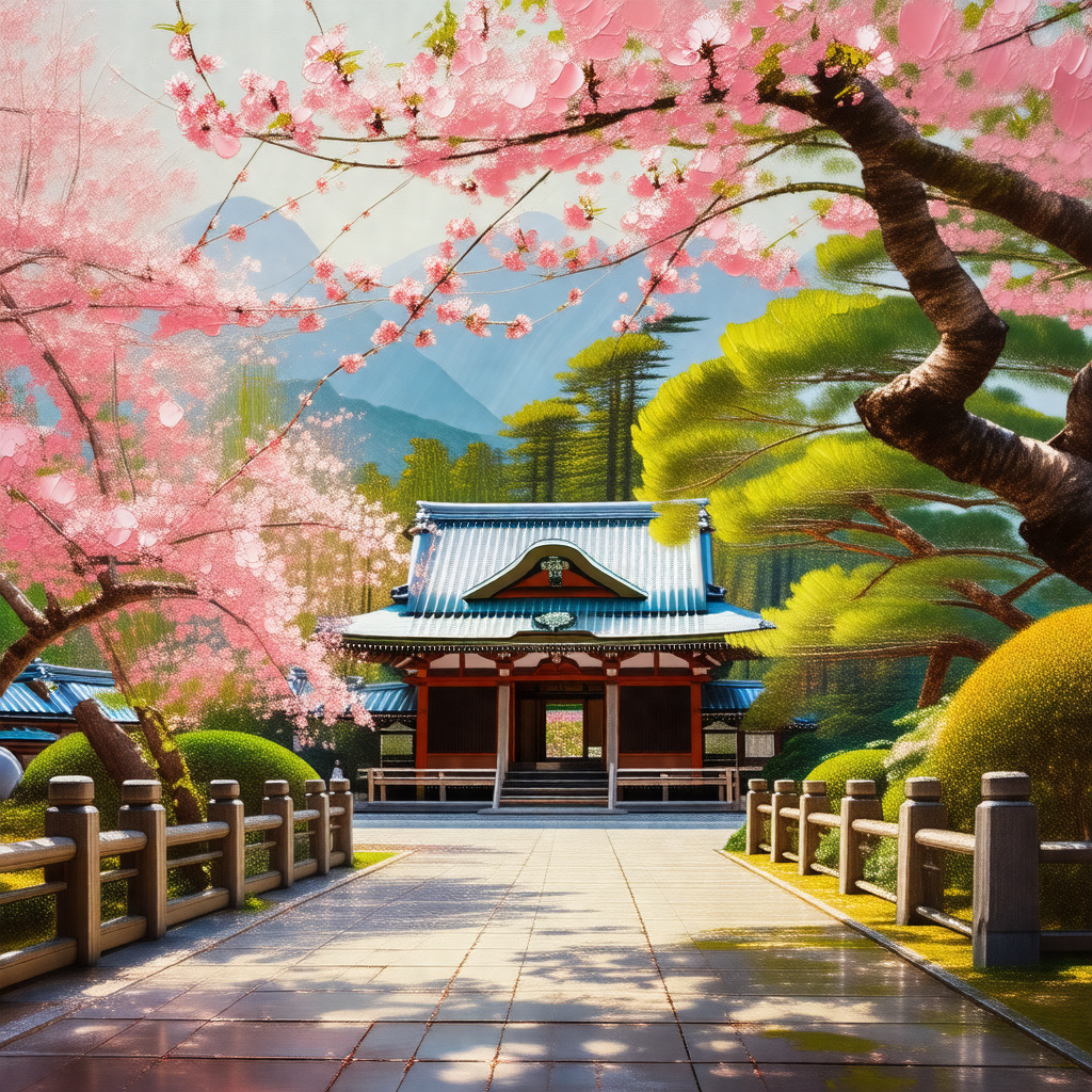 Painting of a japanese temple with a beautiful garden