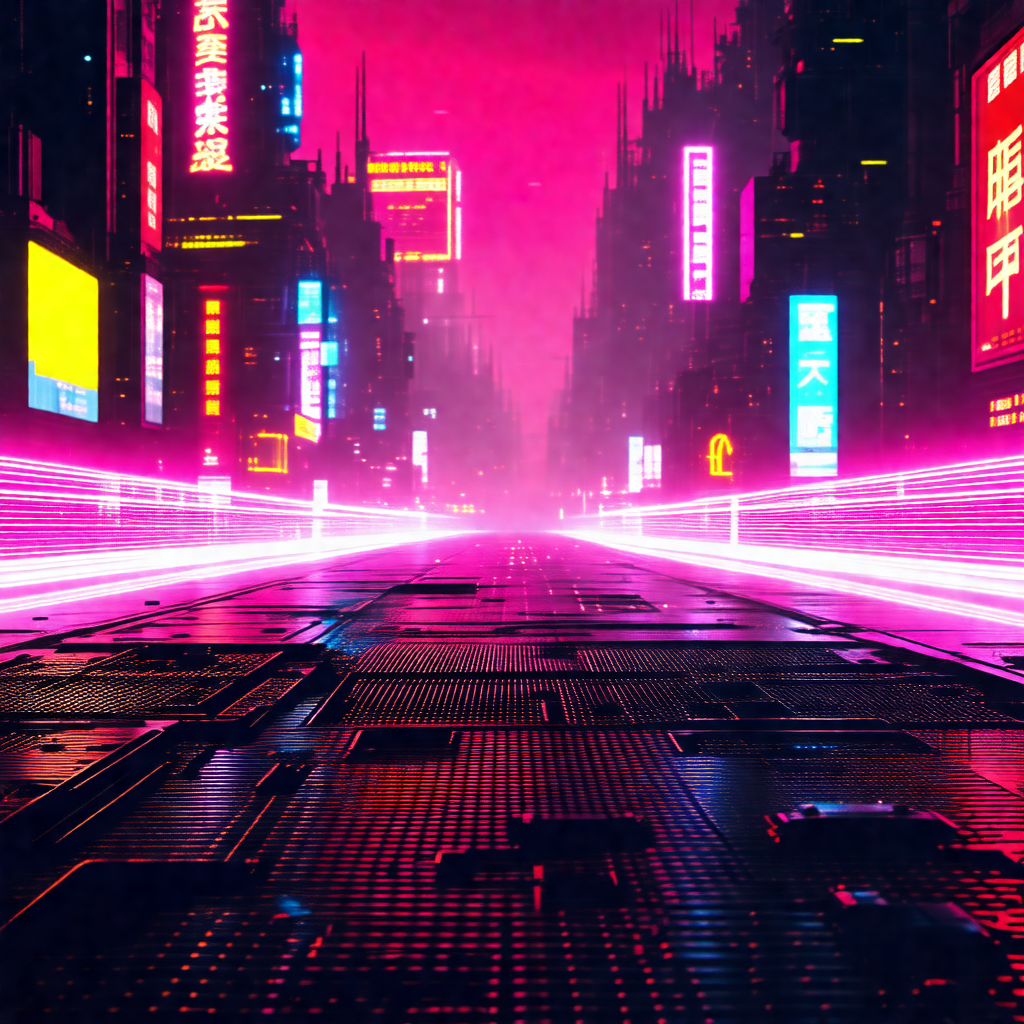 Futuristic cityscape with a long, brightly lit street