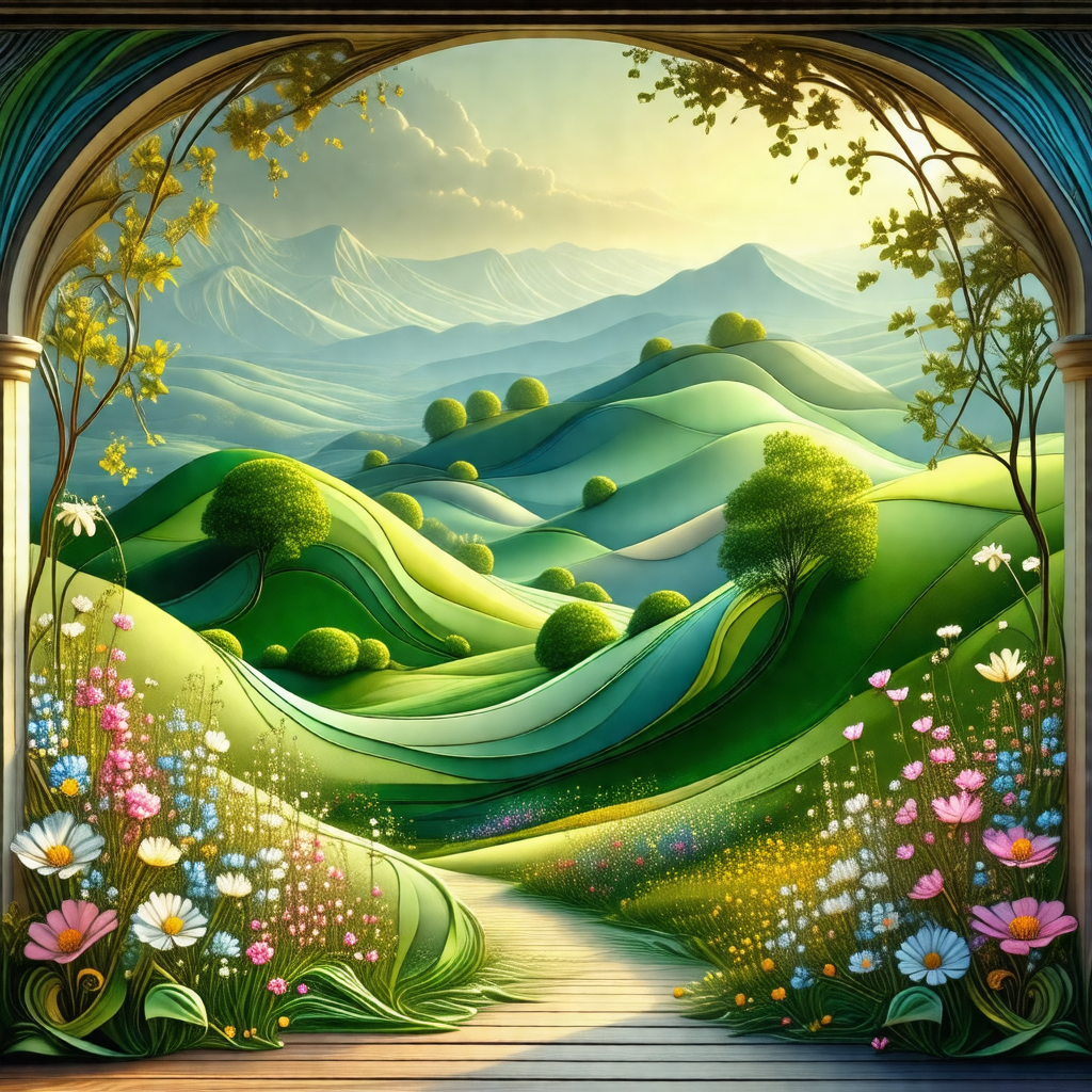 Painting of a beautiful, lush green valley with a path le...