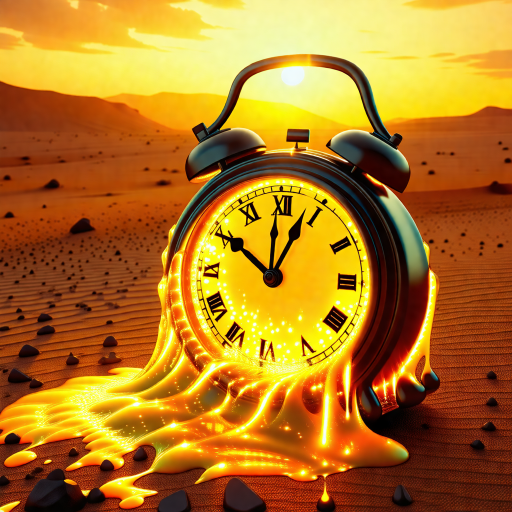 Large, illuminated clock sitting in a desert-like environ...