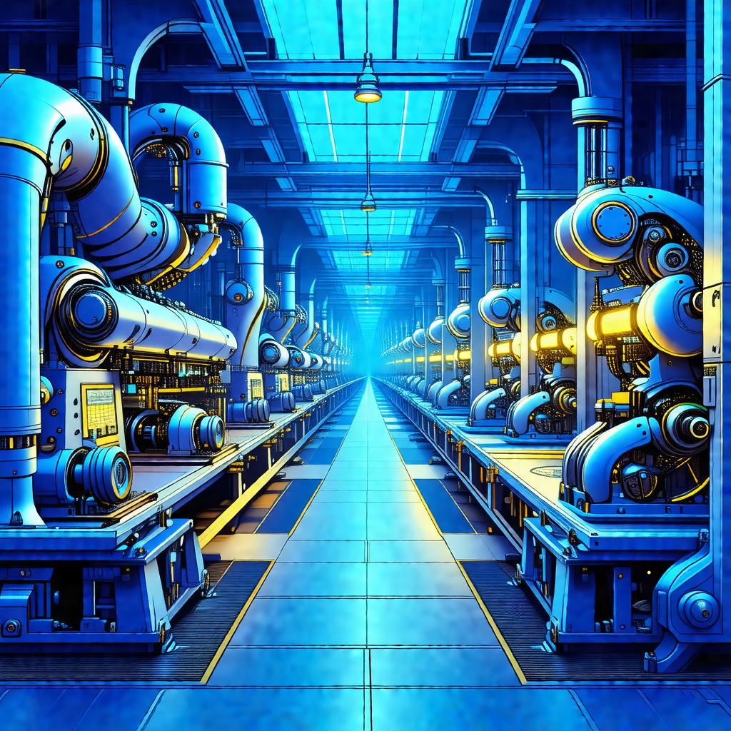 Blue and yellow cartoon of a factory with a long hallway ...