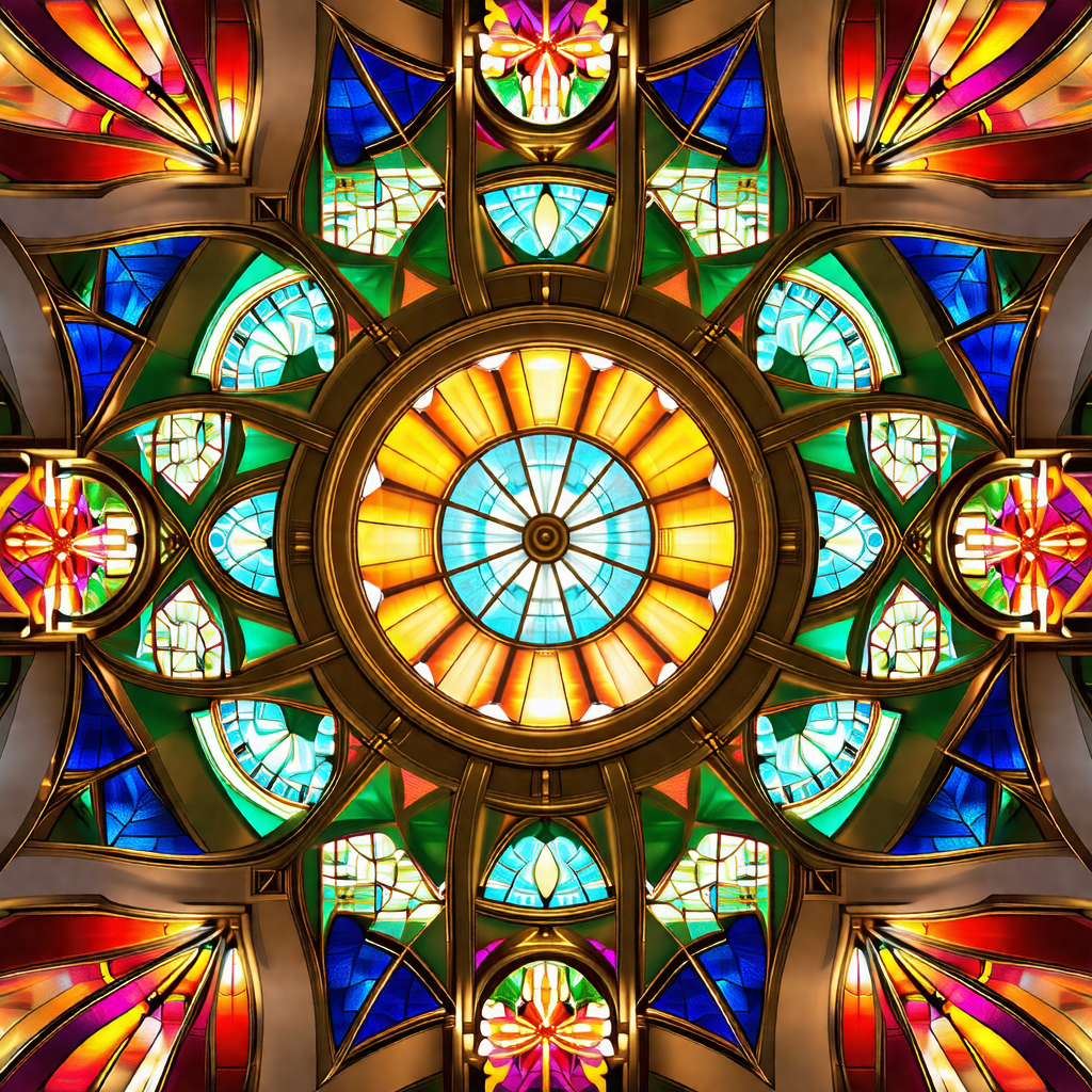 Large, colorful stained glass window with a circular design