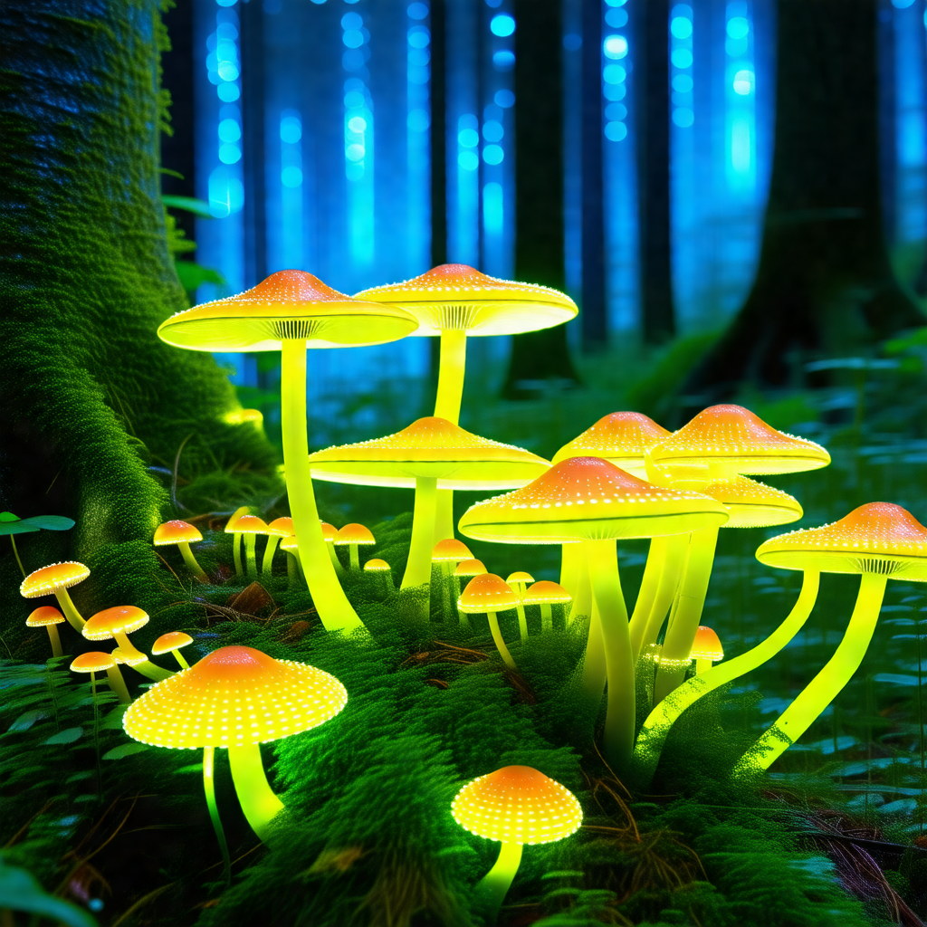 Lush green forest with a group of brightly lit mushrooms ...