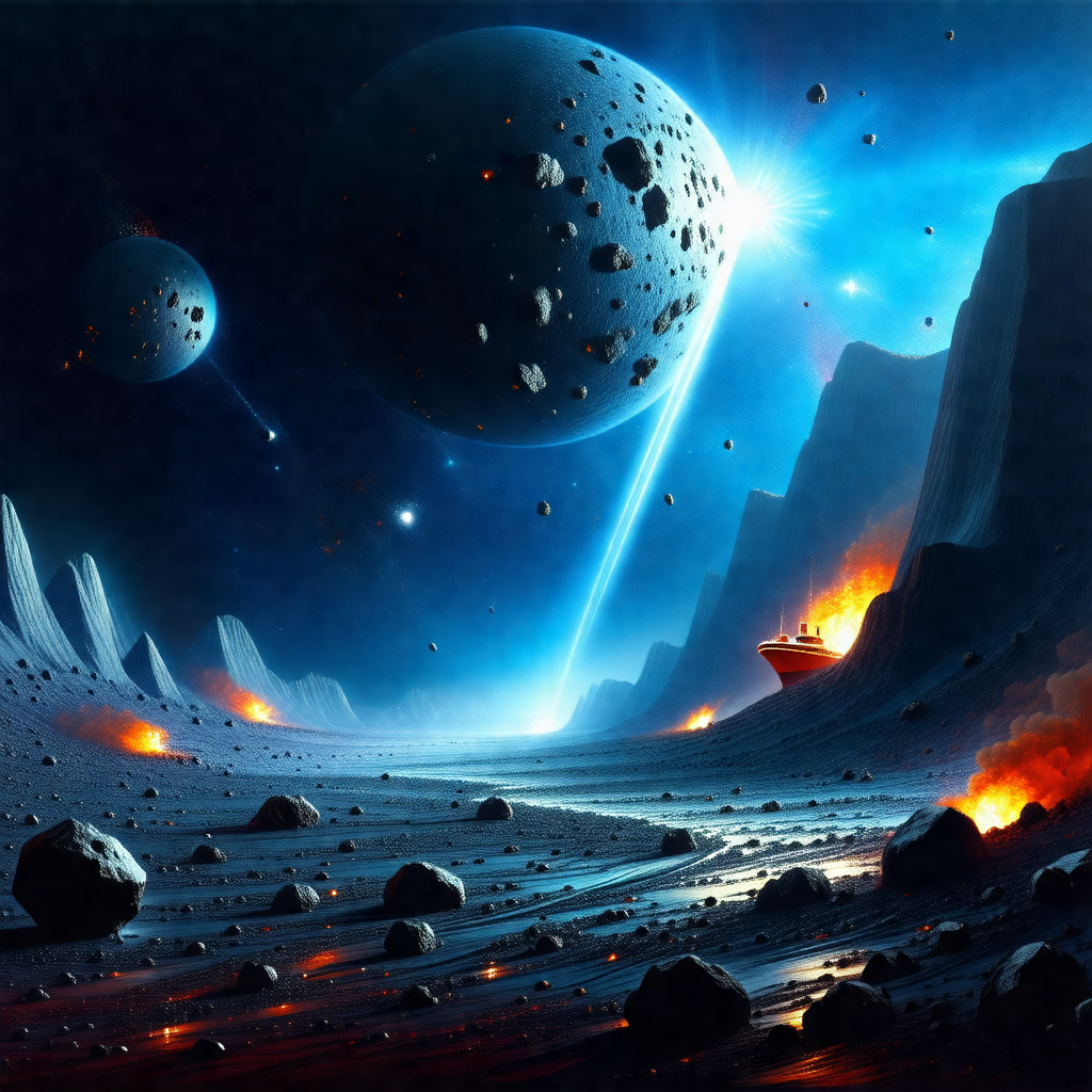 Painting of a space scene with a variety of celestial obj...