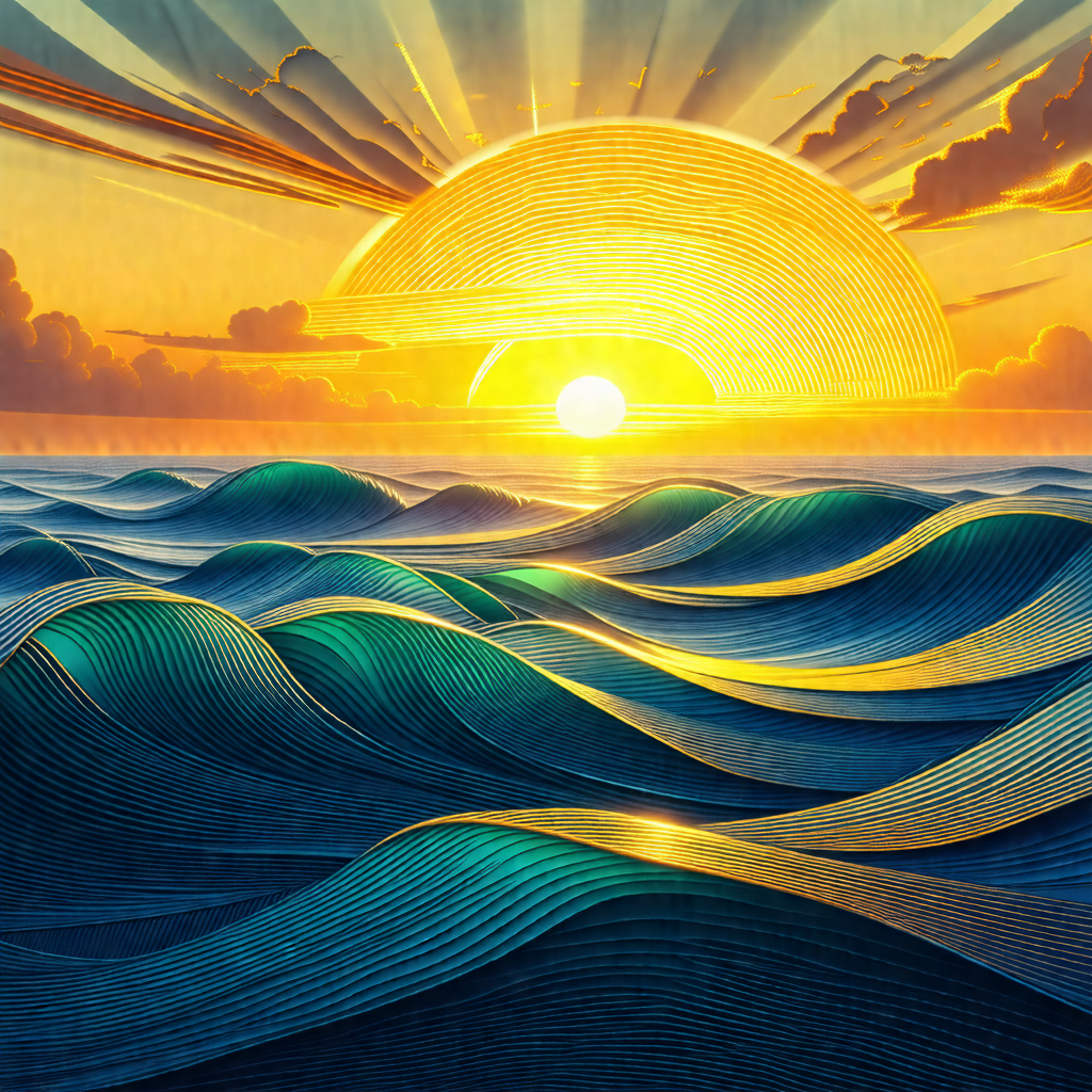 Beautiful sunset over a vast body of water, possibly the ...