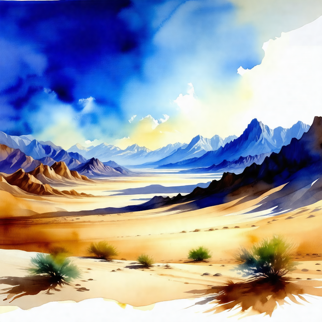 Painting of a desert landscape with mountains in the back...
