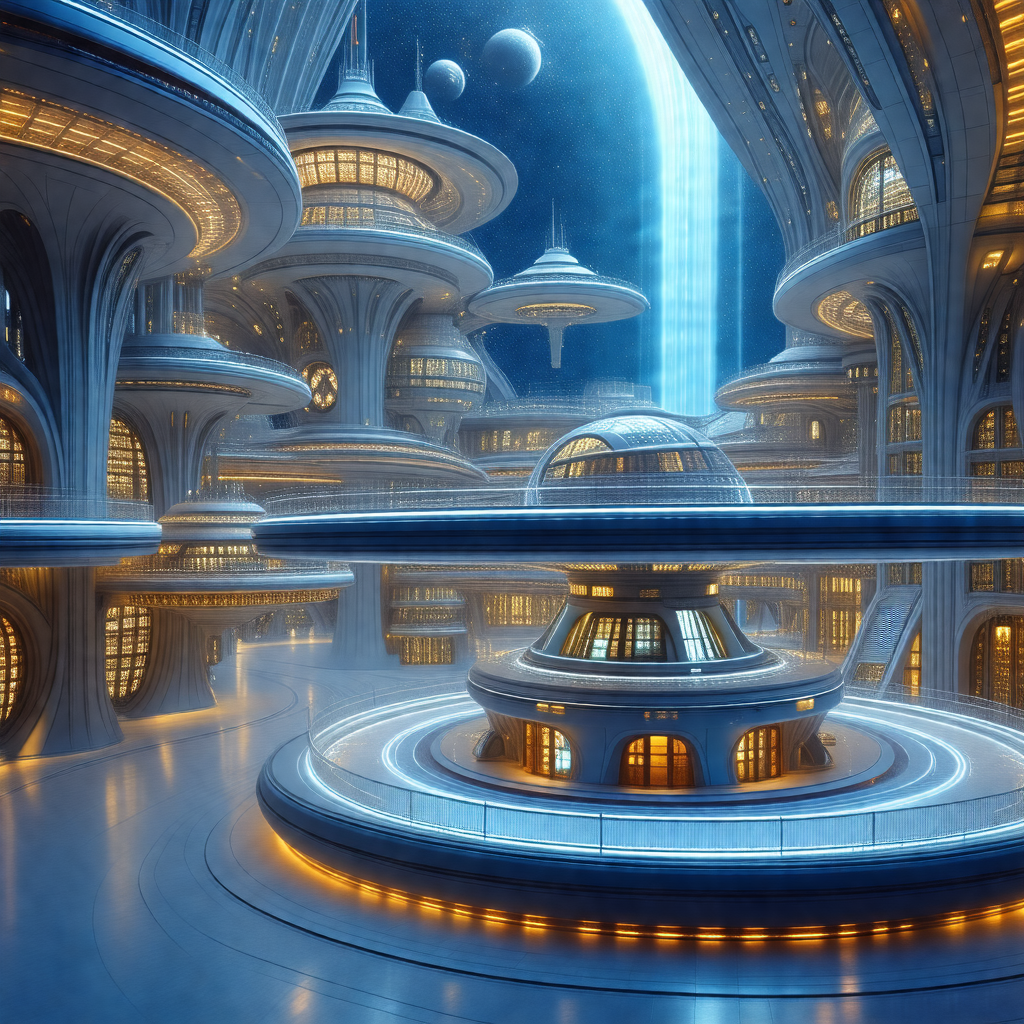 Futuristic cityscape with a large, round building in the ...