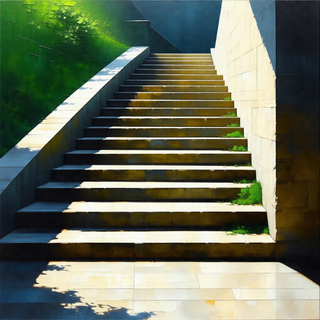 Set of stairs with a yellowish hue, likely due to the sun...