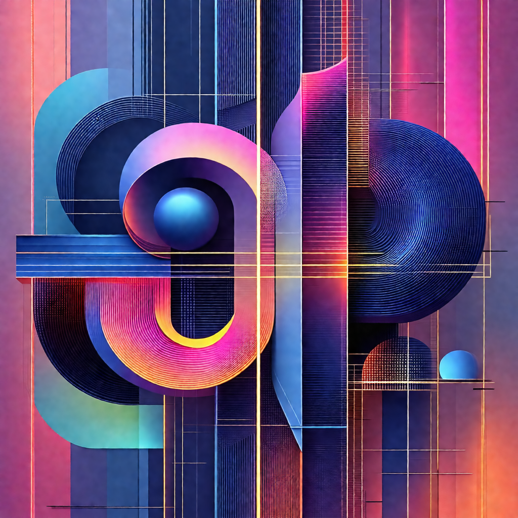 Colorful and abstract artwork featuring a large blue lett...