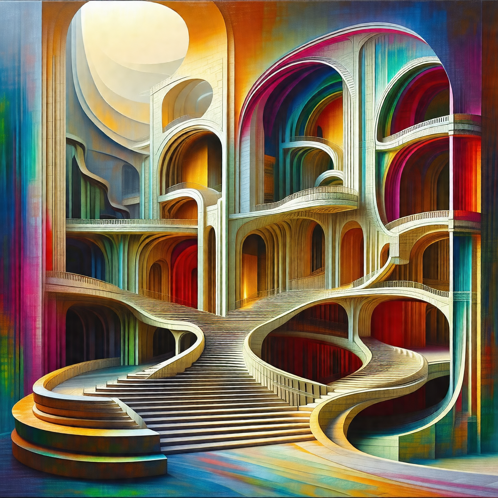 Painting of a staircase in a building, featuring a spiral...