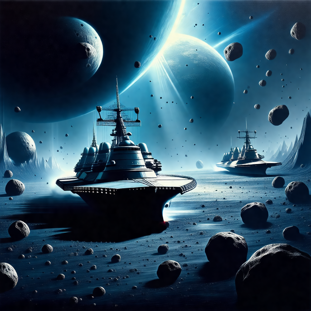 Futuristic scene with a large spacecraft floating in the ...