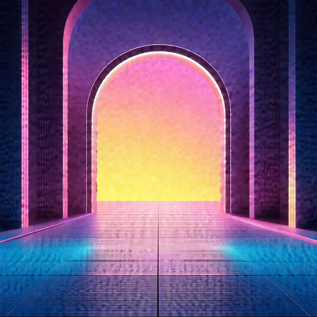 Large, open archway with a vibrant pink and purple hue