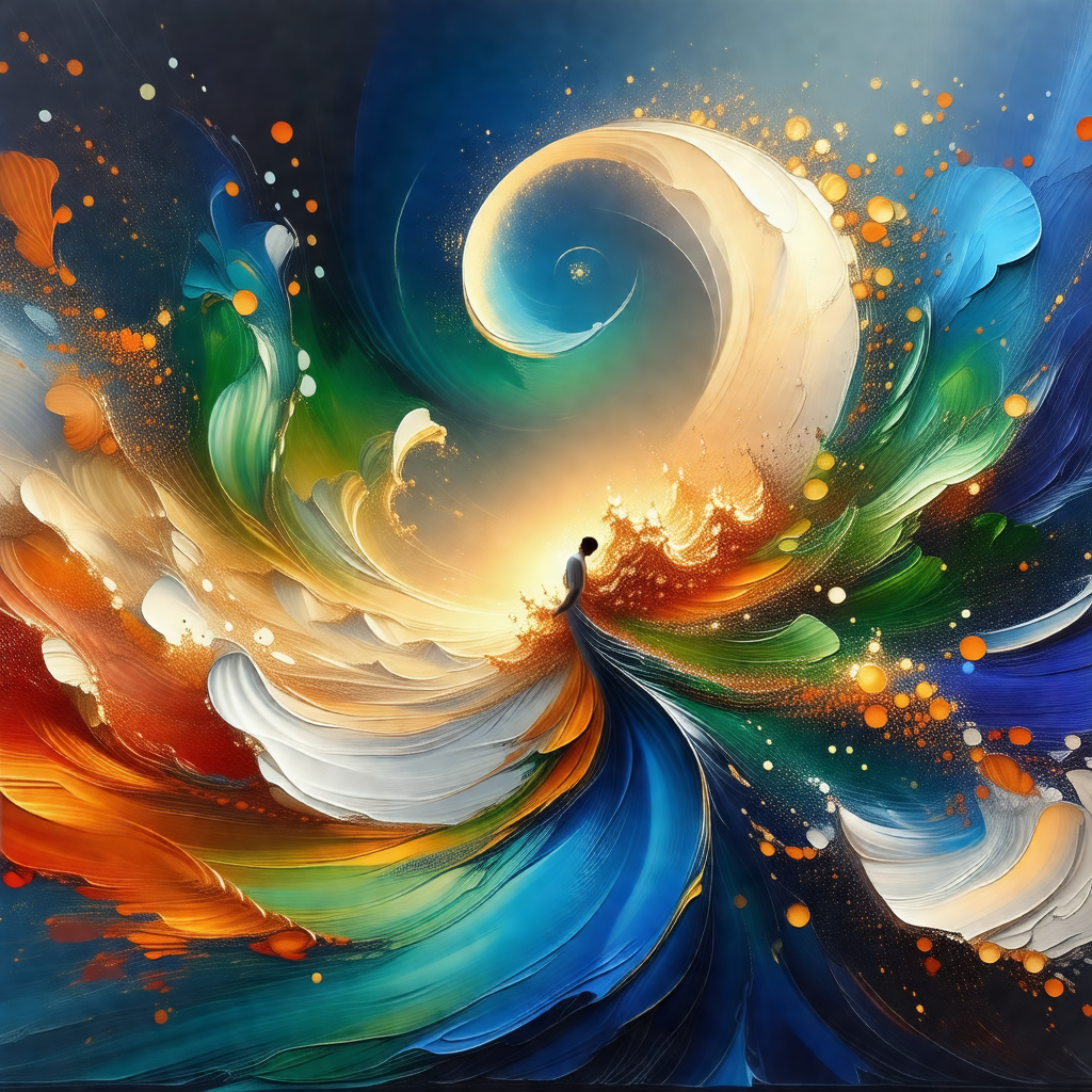 Painting of a person standing in the center of a swirling...
