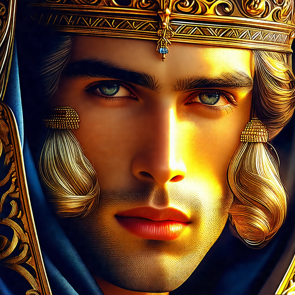Man with long blonde hair, wearing a golden crown and a b...
