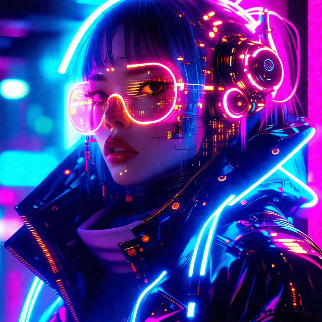 Woman wearing a futuristic outfit, including a black jack...