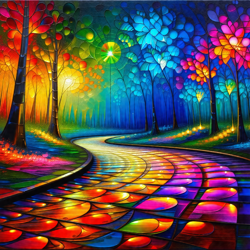 Painting of a forest path with a rainbow of colors