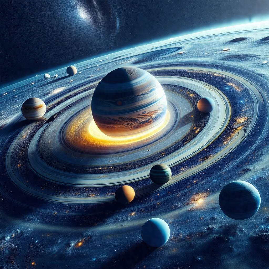 Detailed illustration of a solar system, featuring a larg...