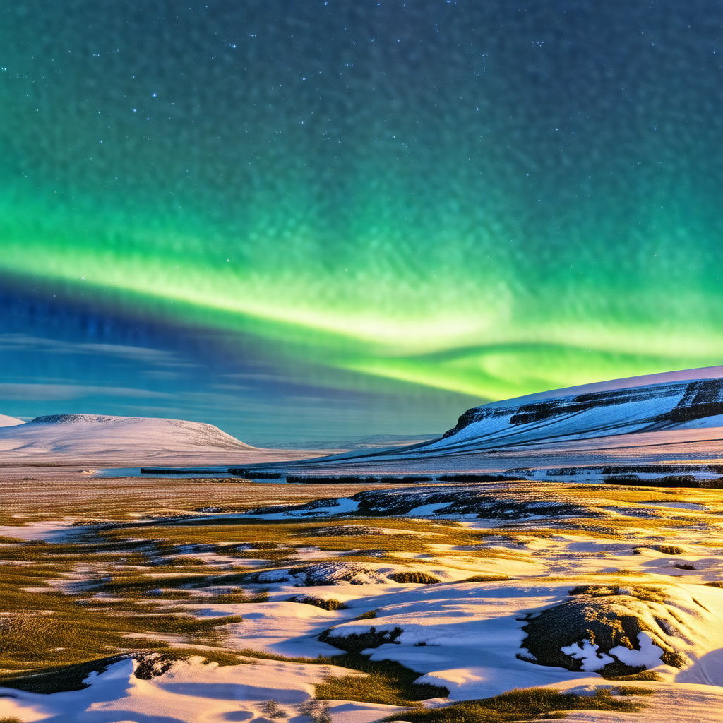 Captures a beautiful night scene with a snow-covered land...