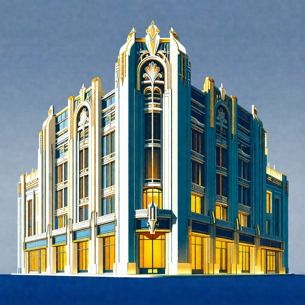 Blueprint of a large, ornate building with a gold and whi...
