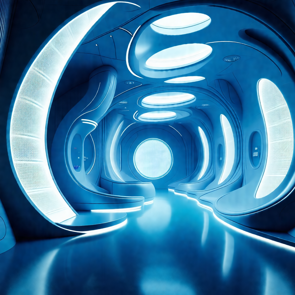 Futuristic space station with a long, curved hallway