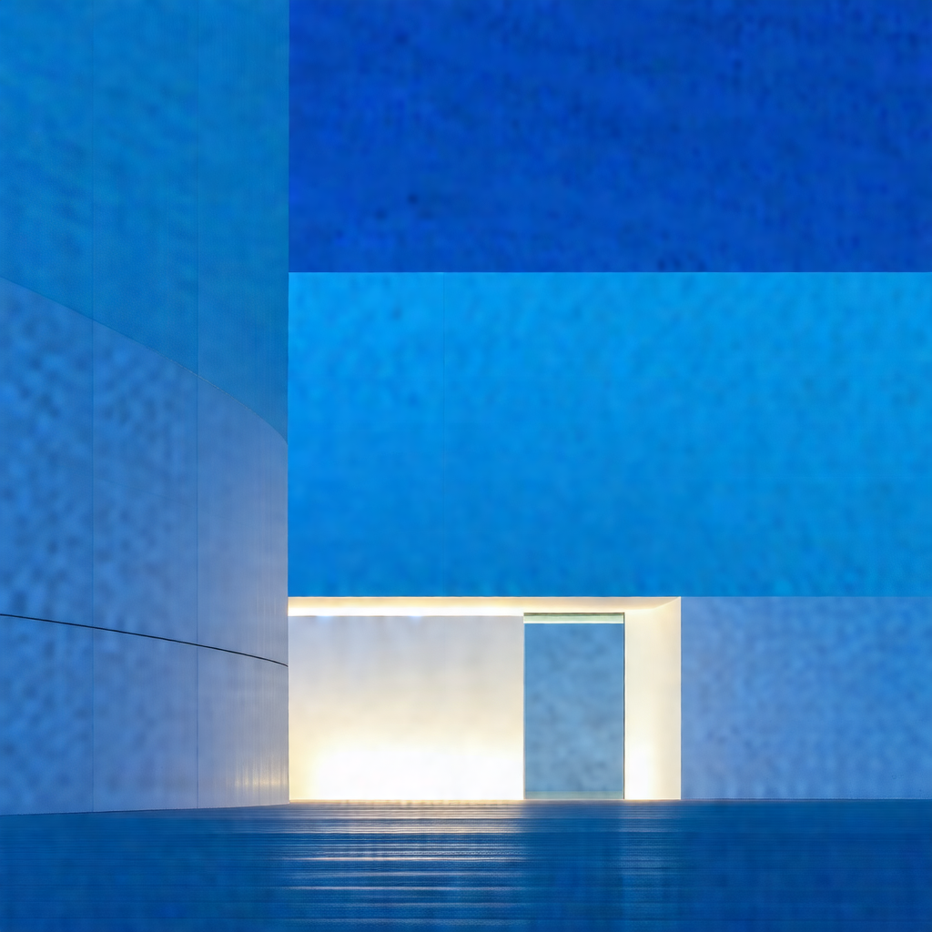 Large, blue building with a white door