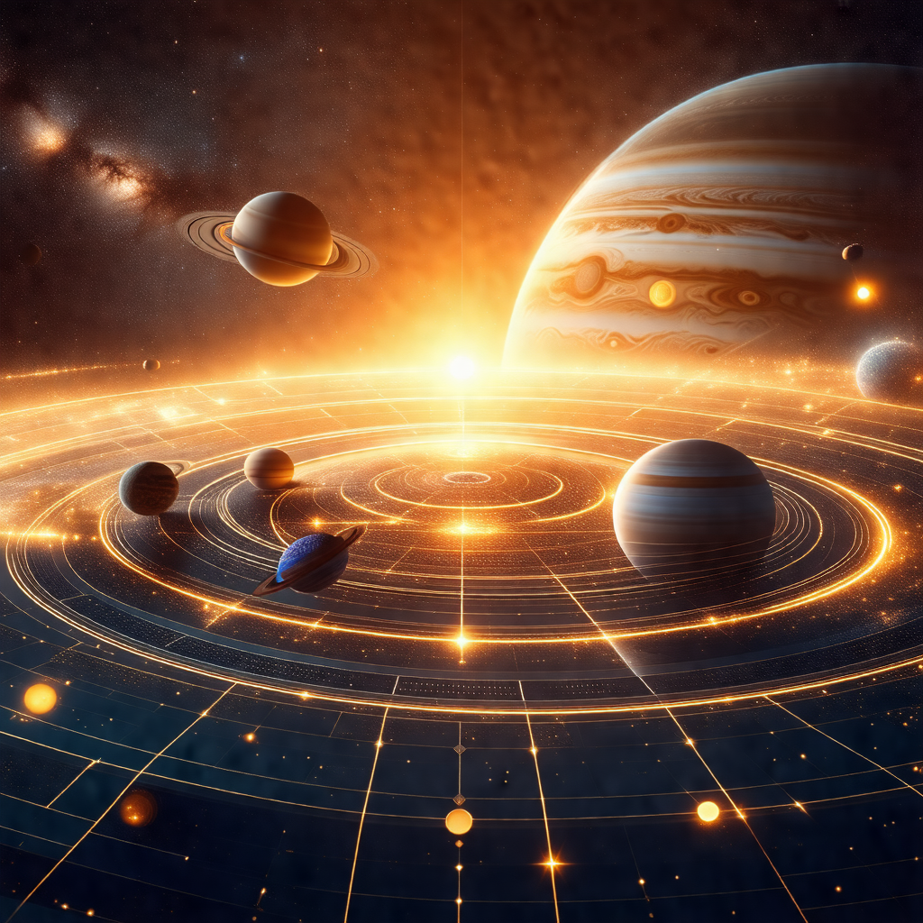 Detailed illustration of a solar system, featuring a vari...