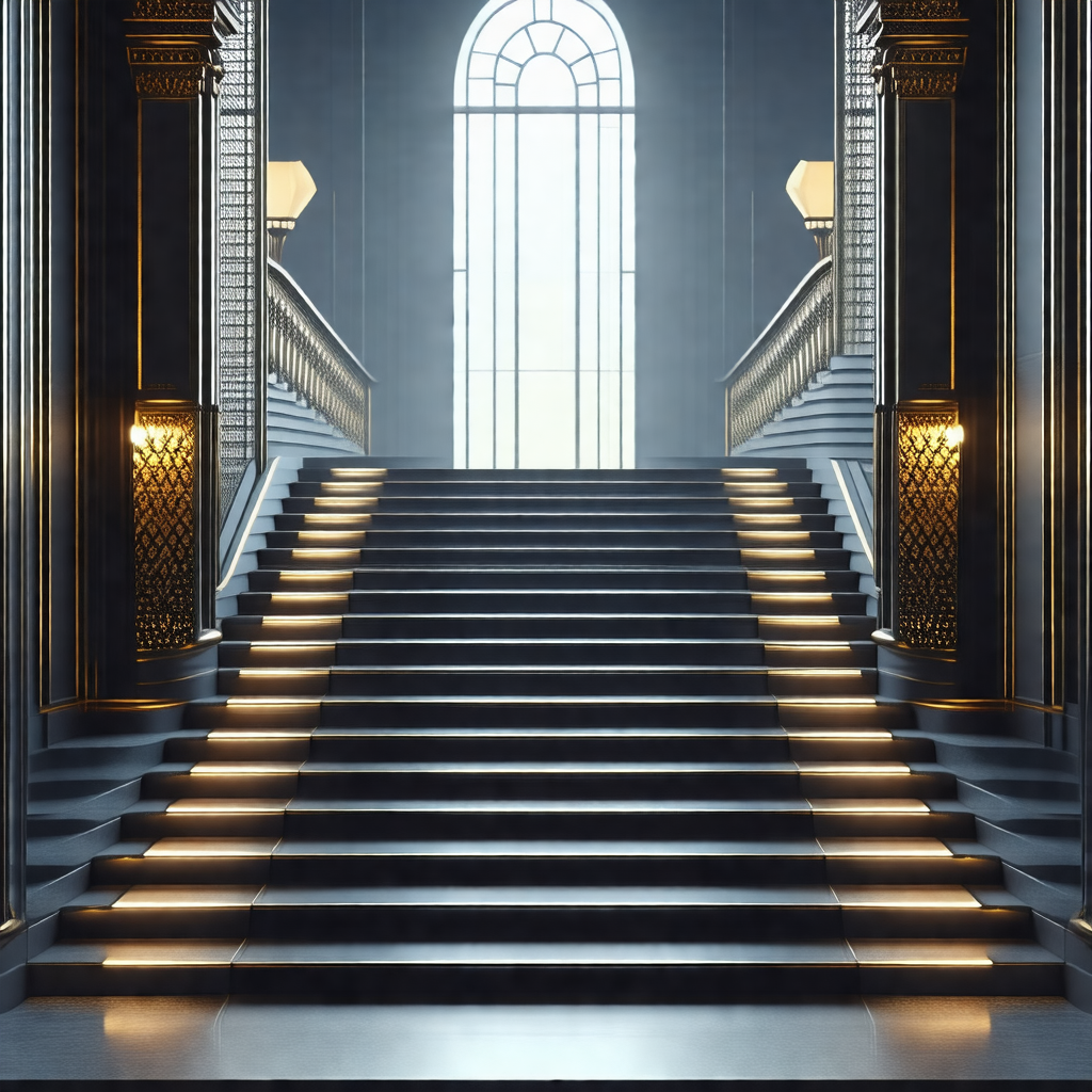 Grand staircase in a building, with a large window at the...