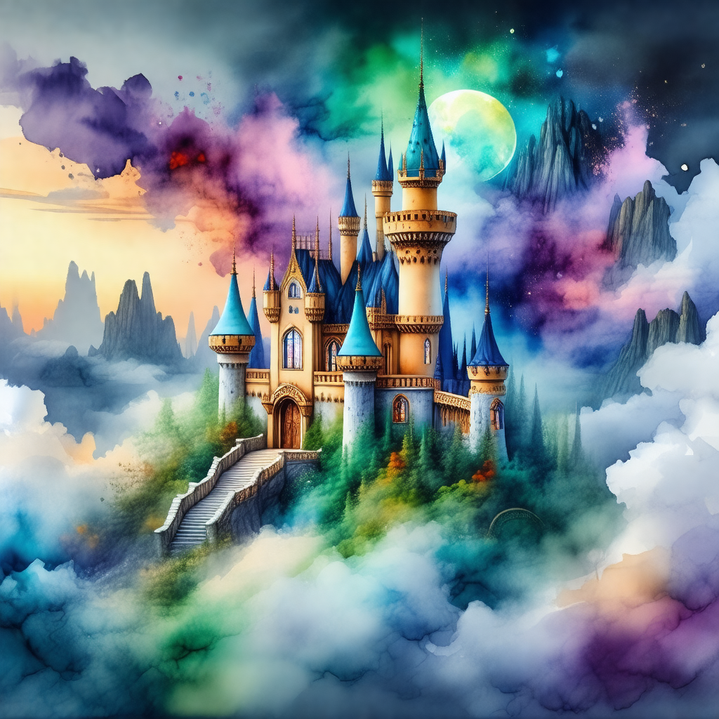 Beautifully drawn castle with a large, colorful sky in th...