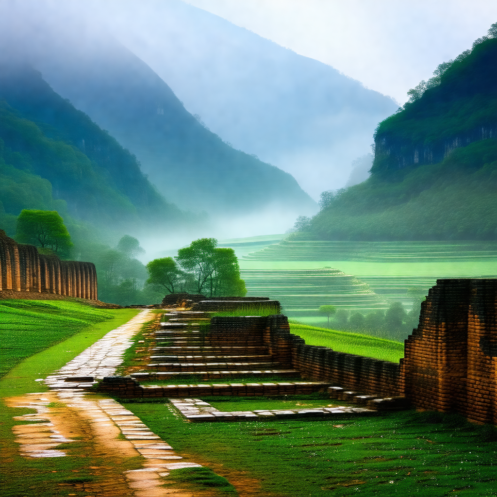 Beautiful landscape with a large, grassy field and a ston...