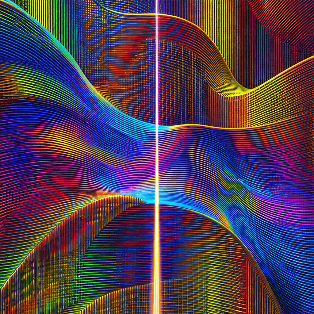 Colorful, abstract art piece featuring a long, thin line ...