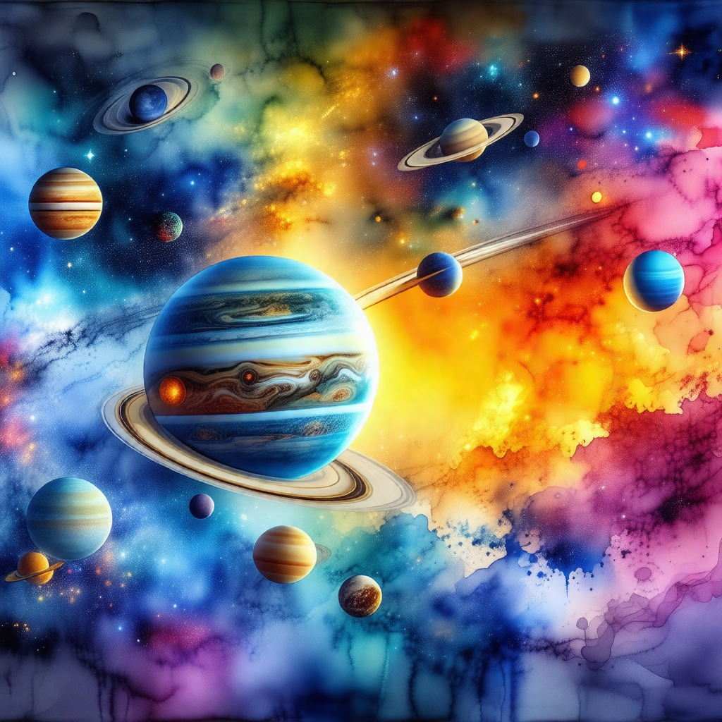 Colorful painting of the solar system, featuring a variet...