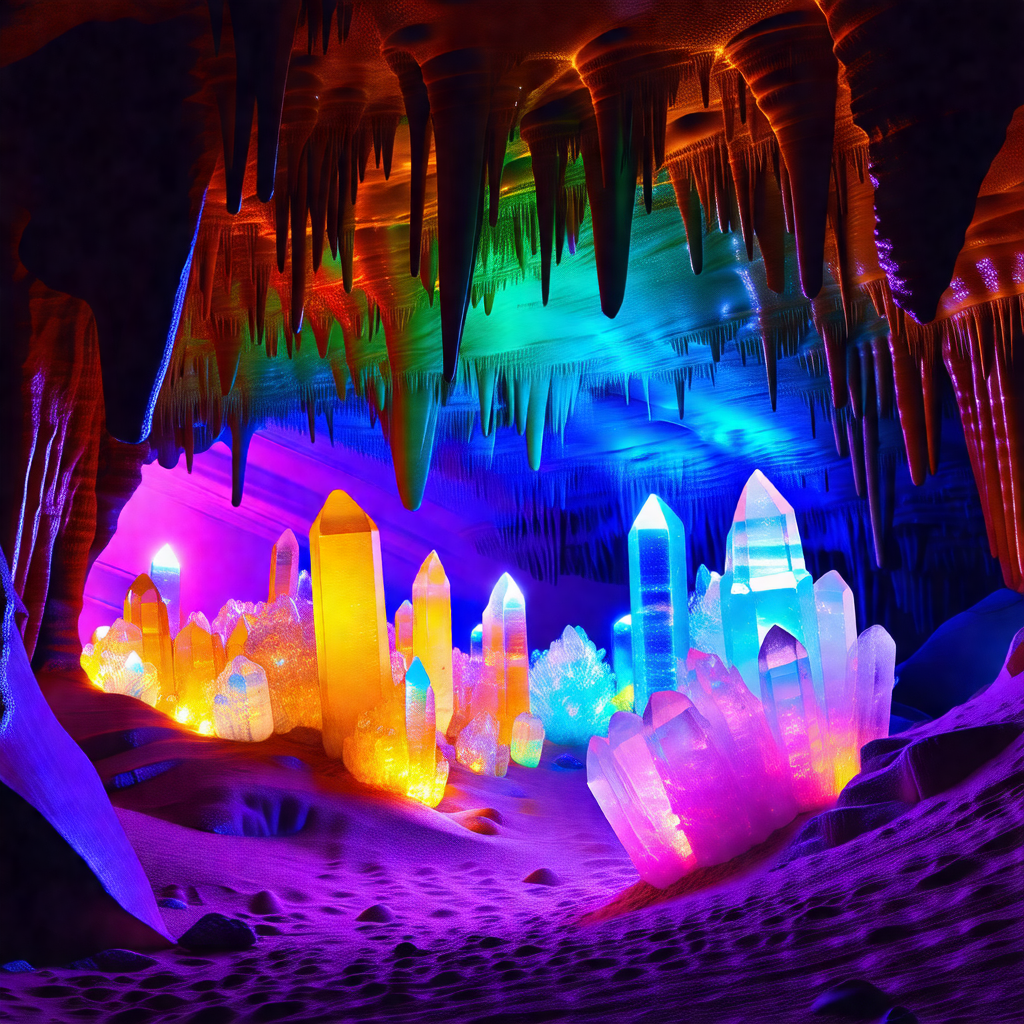 Cave with a vibrant and colorful display of crystals and ...