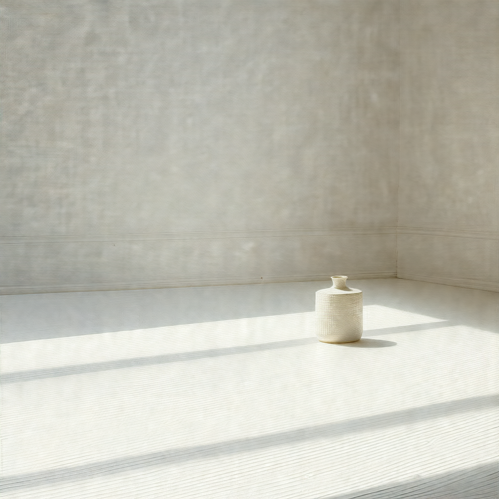 White room with a white table in the center