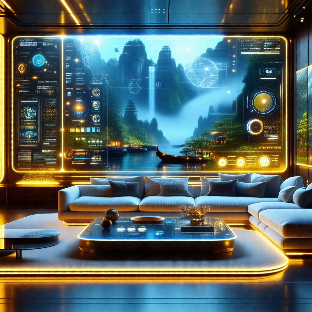Futuristic living room with a large window that provides ...