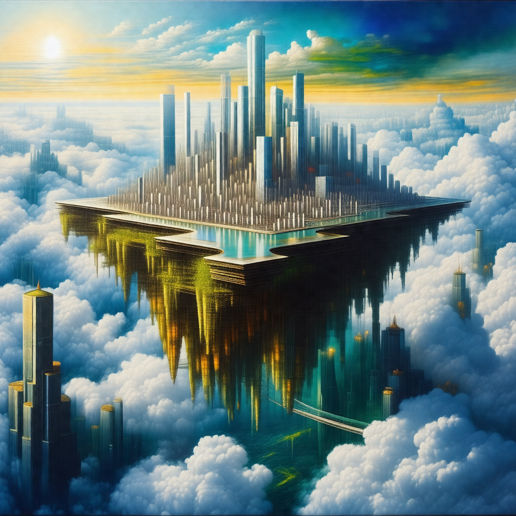 Painting of a futuristic cityscape, featuring a large, sp...