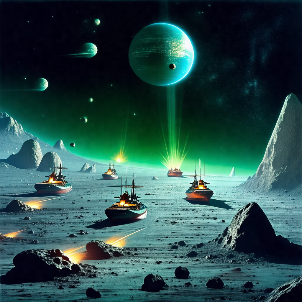 Futuristic scene with a group of small spaceships floatin...