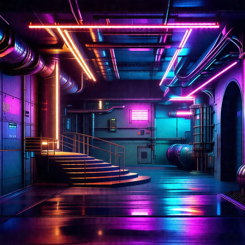Futuristic city with a large, brightly lit building