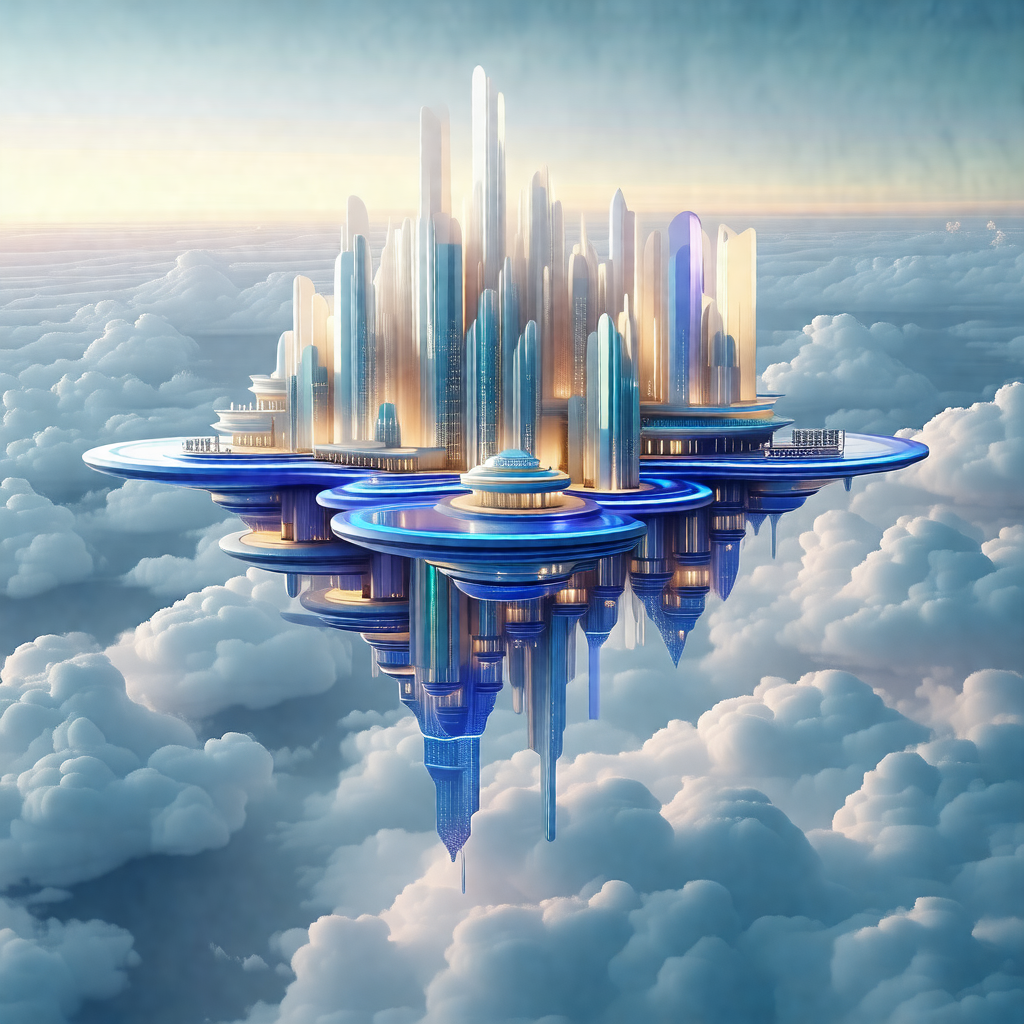 Futuristic city floating in the sky, surrounded by clouds